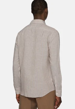 Camicia A Righe Marroni In Tencel Lino Regular Fit