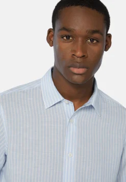 Camicia A Righe Marroni In Tencel Lino Regular Fit