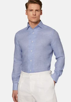 Camicia Pied De Poule Azzurra In Lino Regular