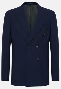 Giacca Doppio Petto Navy Blu In Pura Lana Crepe