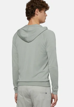 Maglia Full Zip Cappuccio Verde In Lana Merino
