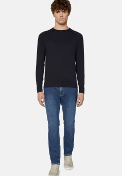 Maglia Girocollo Azzurra In Cotone Seta Cashmere