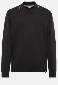Polo Di Maglia A Collo Aperto Nero In Cotone