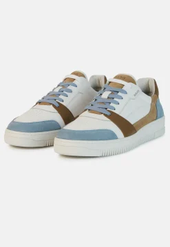 Sneakers In Pelle Beige Ed Azzurre